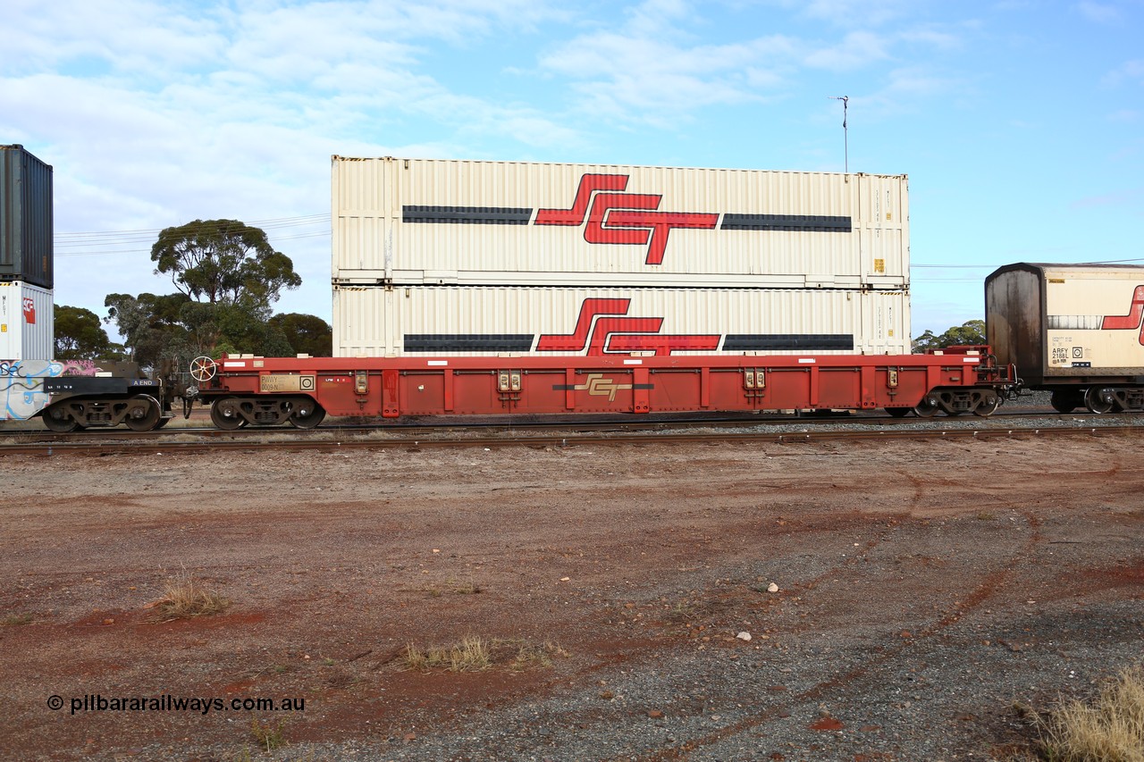 160525 4574
Parkeston, SCT train 3PG1 which operates from Perth to Parkes NSW (Goobang Junction), PWWY type PWWY 0009 one of forty well waggons built by Bradken NSW for SCT, loaded with two SCT 48' MFG1 type boxes SCTDS 4813 and SCTDS 4849.
Keywords: PWWY-type;PWWY0009;Bradken-NSW;