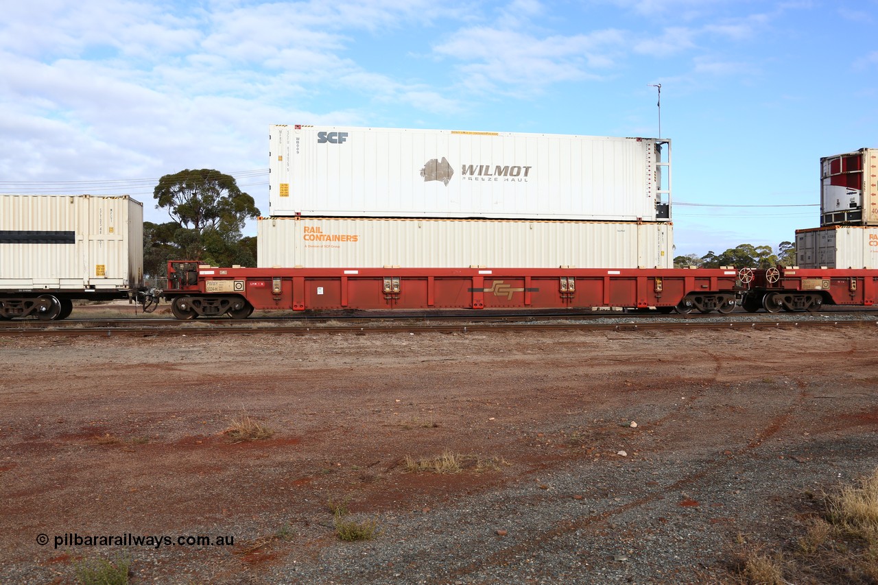 160525 4579
Parkeston, SCT train 3PG1 which operates from Perth to Parkes NSW (Goobang Junction), PWWY type PWWY 0024 one of forty well waggons built by Bradken NSW for SCT, loaded with a 48' MFG1 type Rail Containers box SCFU 412562 and a 46' MFRG type former Wilmot Freeze Haul reefer WB 009, now SCFU 814029.
Keywords: PWWY-type;PWWY0024;Bradken-NSW;