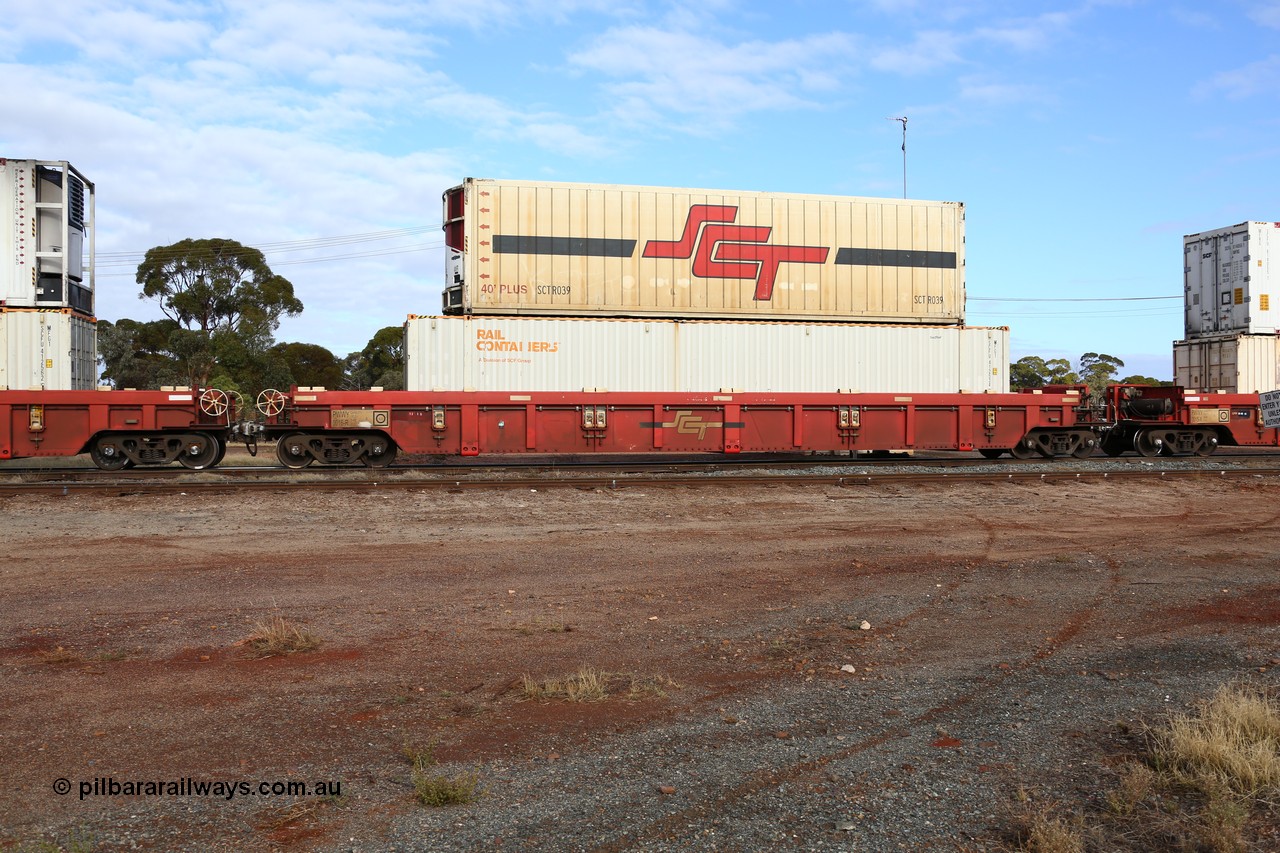 160525 4580
Parkeston, SCT train 3PG1 which operates from Perth to Parkes NSW (Goobang Junction), PWWY type PWWY 0016 one of forty well waggons built by Bradken NSW for SCT, loaded with a 48' MFG1 type Rail Containers box SCFU 412534 and a 40' SCT reefer SCTR 039.
Keywords: PWWY-type;PWWY0016;Bradken-NSW;