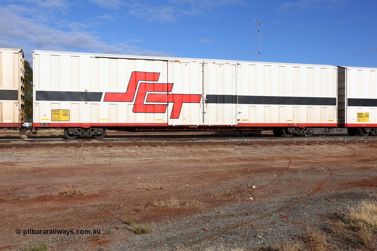 160525 4602
Parkeston, SCT train 3PG1 which operates from Perth to Parkes NSW (Goobang Junction), PBHY type covered van PBHY 0099 Greater Freighter, built by CSR Meishan Rolling Stock Co China in 2014 without the Greater Freighter signage.
Keywords: PBHY-type;PBHY0099;CSR-Meishan-China;