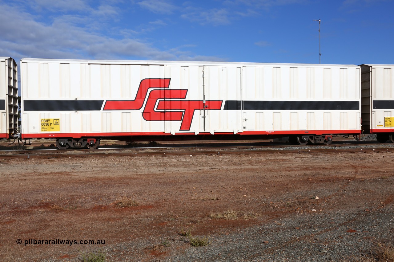 160525 4603
Parkeston, SCT train 3PG1 which operates from Perth to Parkes NSW (Goobang Junction), PBHY type covered van PBHY 0036 Greater Freighter, first of a second batch of thirty units built by Gemco WA.
Keywords: PBHY-type;PBHY0036;Gemco-WA;