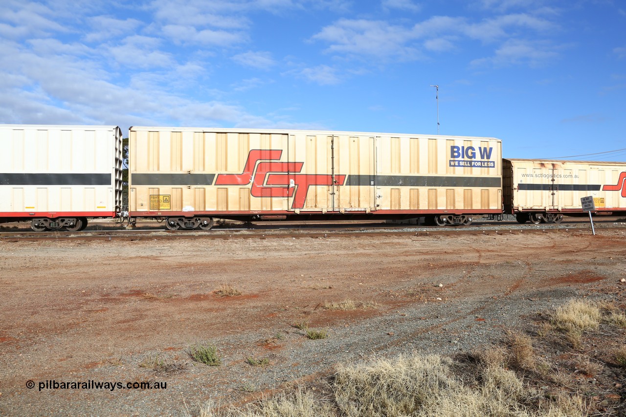 160525 4610
Parkeston, SCT train 3PG1 which operates from Perth to Parkes NSW (Goobang Junction), PBHY type covered van PBHY 0019 Greater Freighter, one of thirty five units built by Gemco WA in 2005 without the Greater Freighter signage but with Big W We Sell For Less logo.
Keywords: PBHY-type;PBHY0019;Gemco-WA;