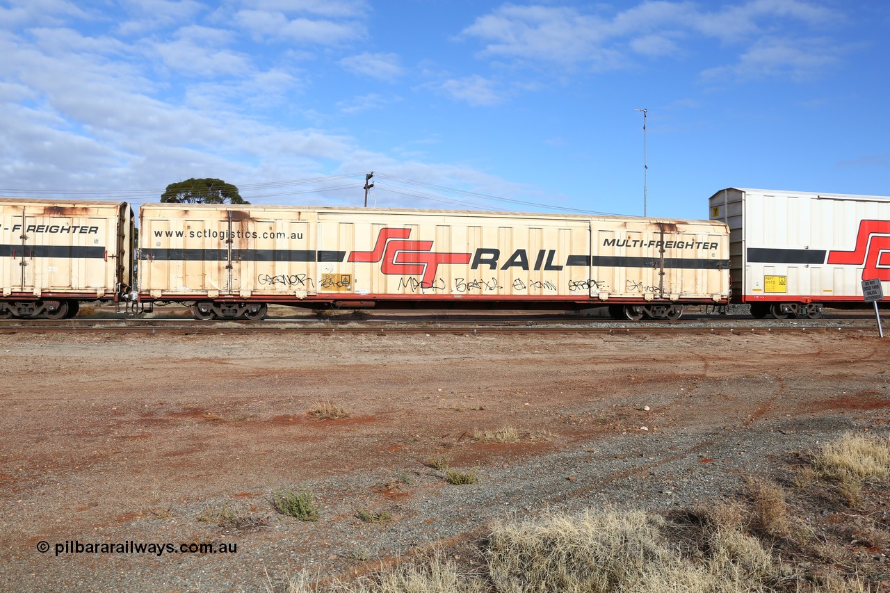 160525 4612
Parkeston, SCT train 3PG1 which operates from Perth to Parkes NSW (Goobang Junction), PBGY type covered van PBGY 0024 Multi-Freighter, one of eighty two waggons built by Queensland Rail Redbank Workshops in 2005.
Keywords: PBGY-type;PBGY0024;Qld-Rail-Redbank-WS;