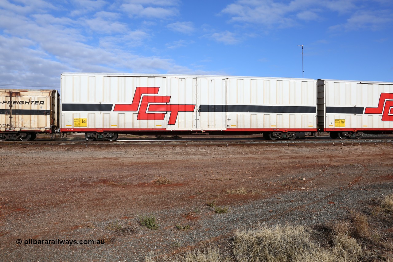 160525 4613
Parkeston, SCT train 3PG1 which operates from Perth to Parkes NSW (Goobang Junction), PBHY type covered van PBHY 0097 Greater Freighter, built by CSR Meishan Rolling Stock Co China in 2014 without the Greater Freighter signage.
Keywords: PBHY-type;PBHY0097;CSR-Meishan-China;