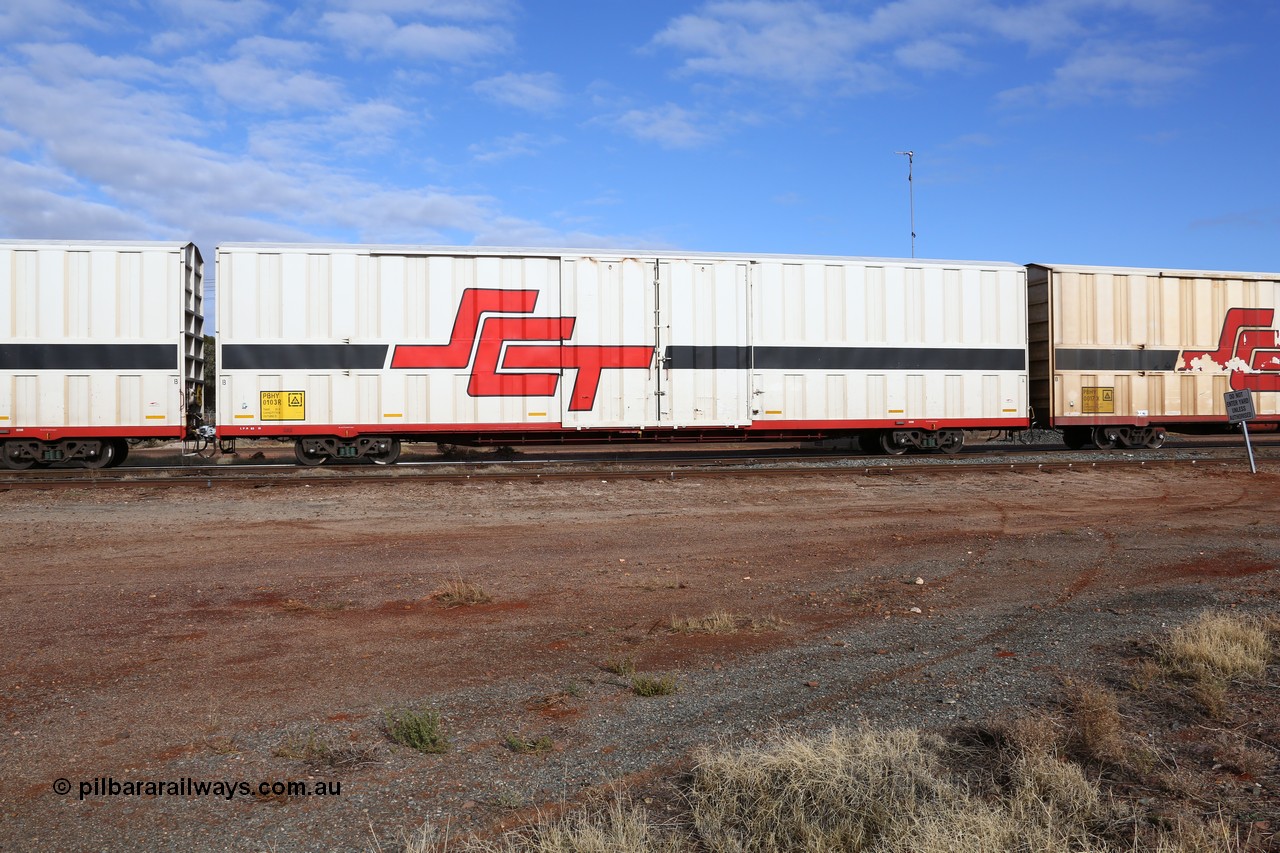 160525 4614
Parkeston, SCT train 3PG1 which operates from Perth to Parkes NSW (Goobang Junction), PBHY type covered van PBHY 0103 Greater Freighter, built by CSR Meishan Rolling Stock Co China in 2014 without the Greater Freighter signage.
Keywords: PBHY-type;PBHY0103;CSR-Meishan-China;