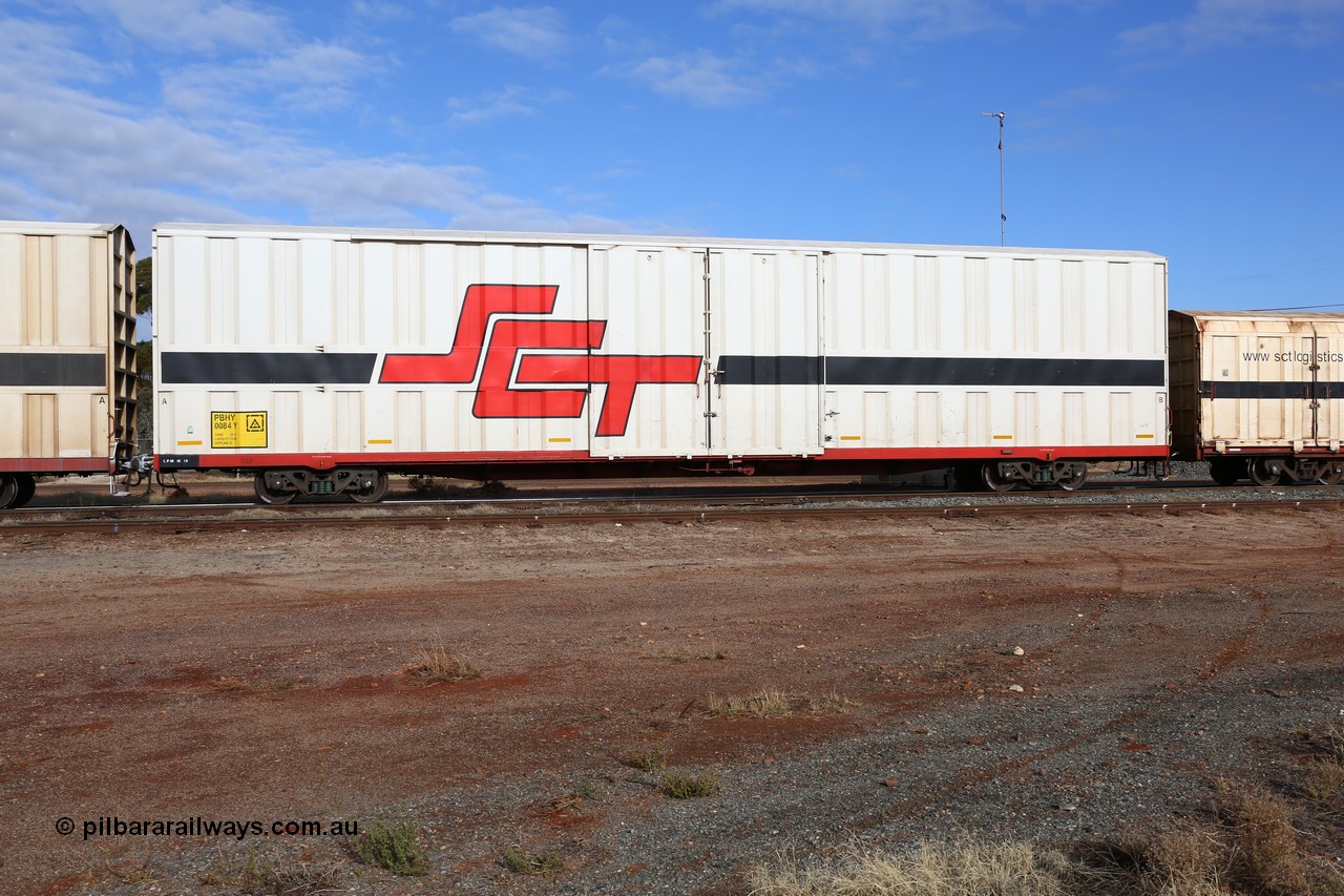 160525 4616
Parkeston, SCT train 3PG1 which operates from Perth to Parkes NSW (Goobang Junction), PBHY type covered van PBHY 0084 Greater Freighter, built by CSR Meishan Rolling Stock Co China in 2014 without the Greater Freighter signage.
Keywords: PBHY-type;PBHY0084;CSR-Meishan-China;