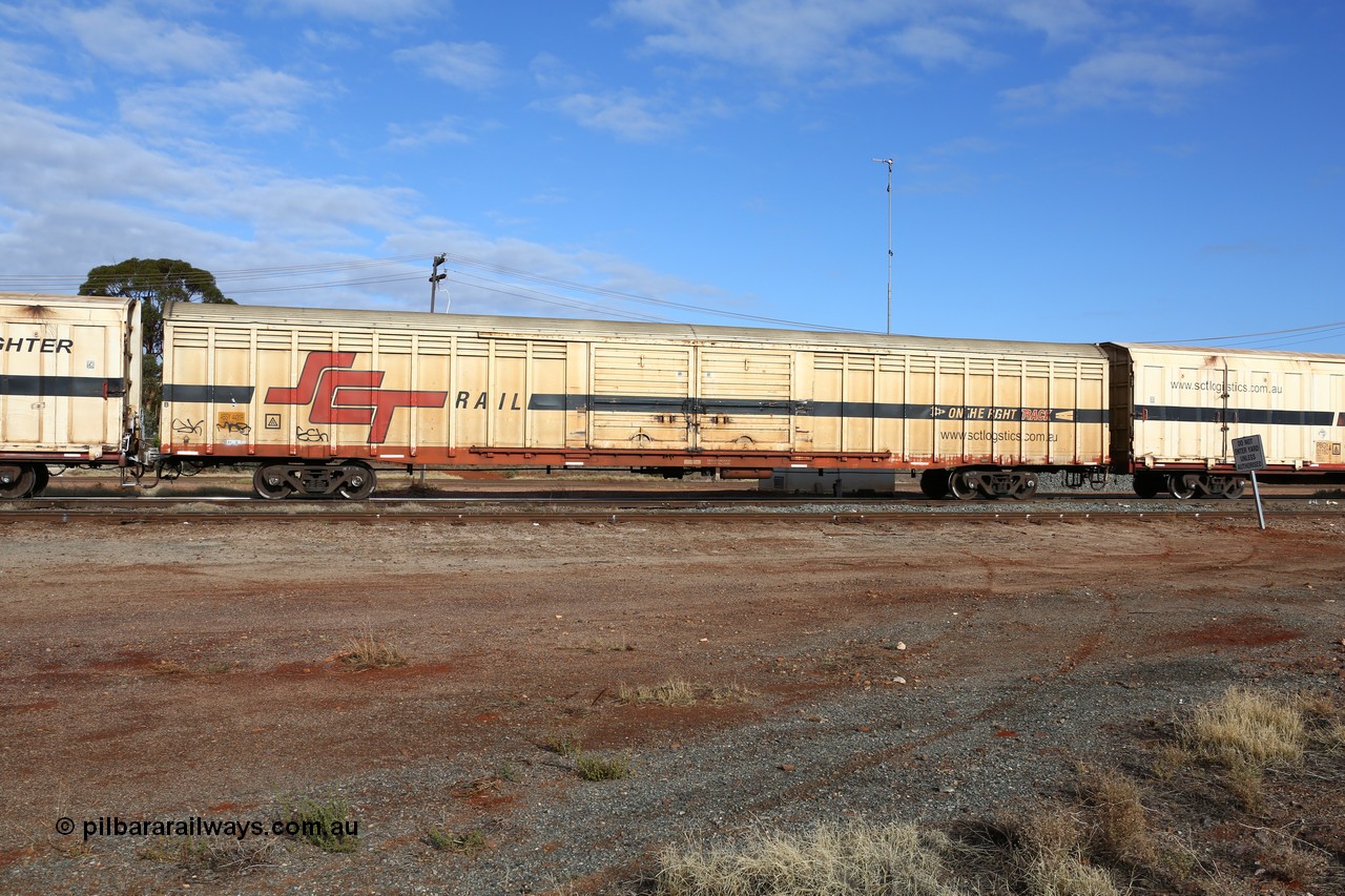 160525 4618
Parkeston, SCT train 3PG1 which operates from Perth to Parkes NSW (Goobang Junction), ABSY type van ABSY 4431, one of a batch of fifty made by Comeng WA as VFX type 75' covered vans 1977, recoded to ABFX type, seen here with the silver corrugated roof fitted when Gemco WA upgraded it to ABSY type.
Keywords: ABSY-type;ABSY4431;Comeng-WA;VFX-type;ABFX-type;