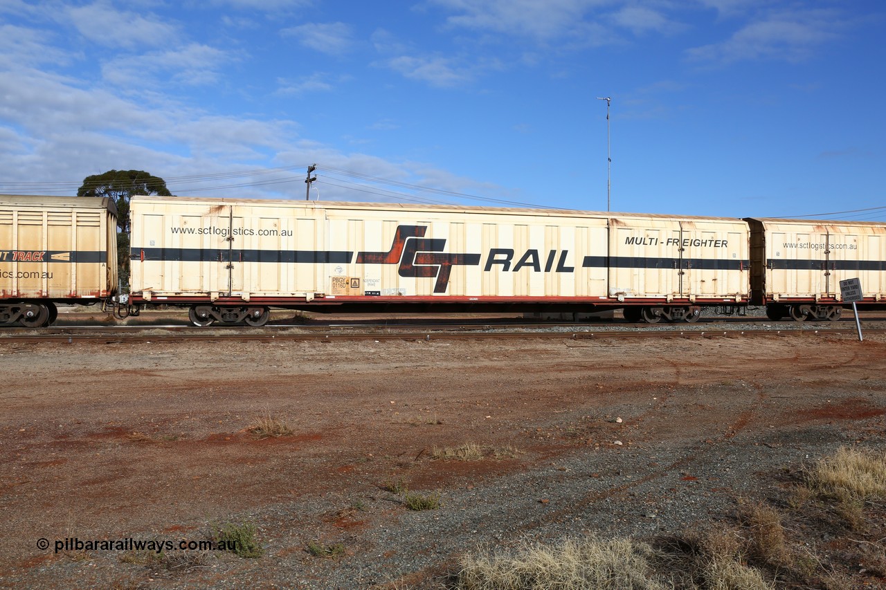 160525 4619
Parkeston, SCT train 3PG1 which operates from Perth to Parkes NSW (Goobang Junction), PBGY type covered van PBGY 0116 Multi-Freighter with Independent Brake signage, one of eighty units built by Gemco WA.
Keywords: PBGY-type;PBGY0116;Gemco-WA;