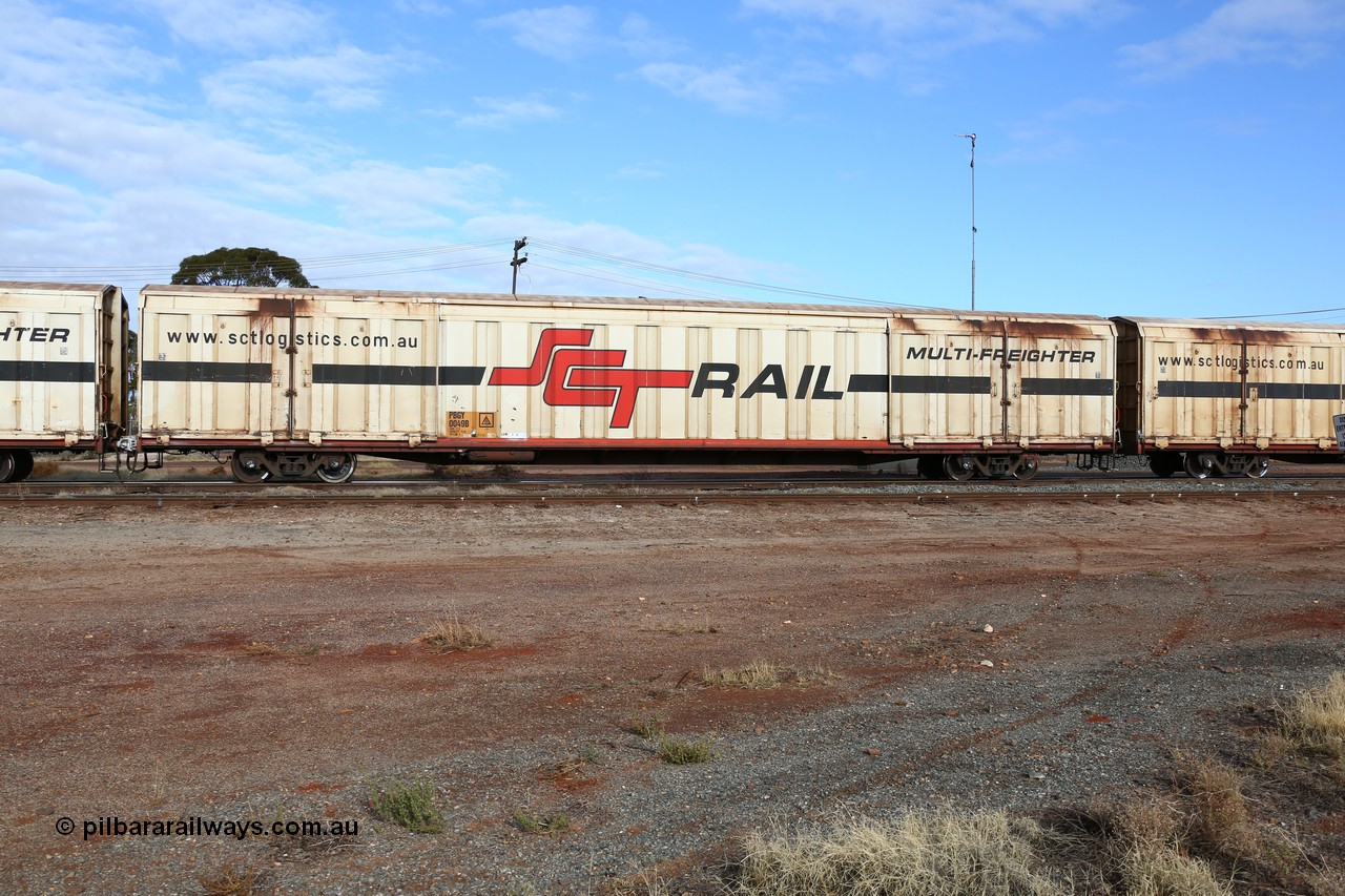 160525 4623
Parkeston, SCT train 3PG1 which operates from Perth to Parkes NSW (Goobang Junction), PBGY type covered van PBGY 0049 Multi-Freighter, one of eighty two waggons built by Queensland Rail Redbank Workshops in 2005.
Keywords: PBGY-type;PBGY0049;Qld-Rail-Redbank-WS;