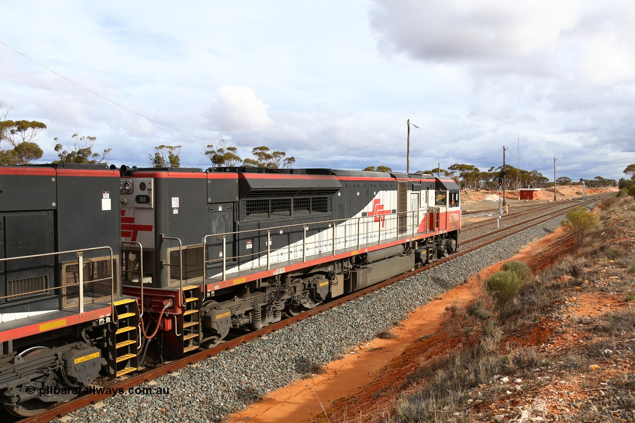 160526 5288
West Kalgoorlie, SCT train 3MP9 operating from Melbourne to Perth, with 76 waggons for 5709.8 tonnes and 1795 metres with EDI Downer built EMD model GT46C-ACe unit SCT 014 serial 08-1738 on the point with sister unit SCT 012 as they hold the mainline.
Keywords: SCT-class;SCT014;EDI-Downer;EMD;GT46C-ACe;08-1738;