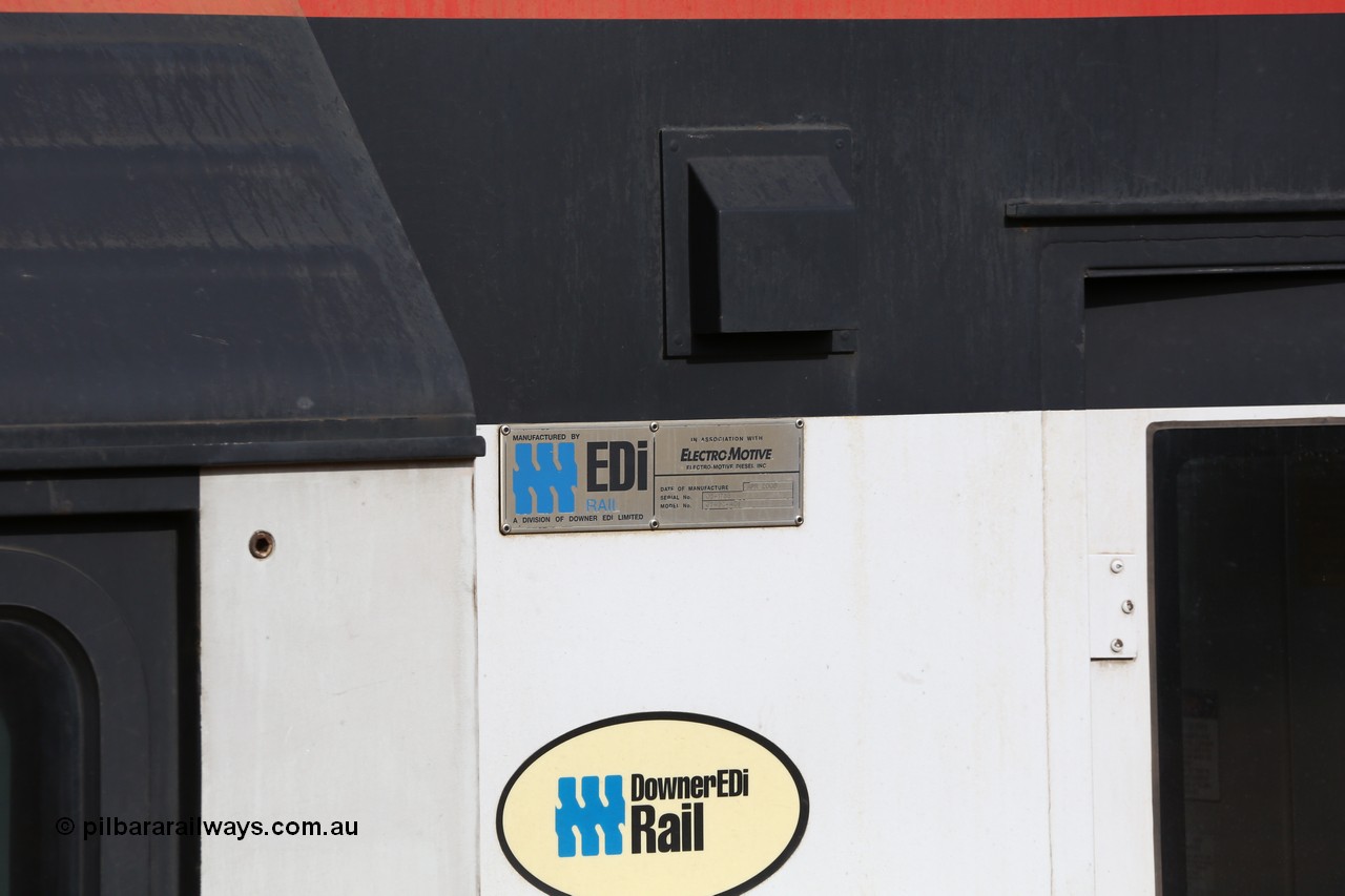 160526 5289
West Kalgoorlie, SCT train 3MP9 operating from Melbourne to Perth, builder's plate on EDI Downer built EMD model GT46C-ACe unit SCT 012 serial 08-1736.
Keywords: SCT-class;SCT012;08-1736;EDI-Downer;EMD;GT46C-ACe;
