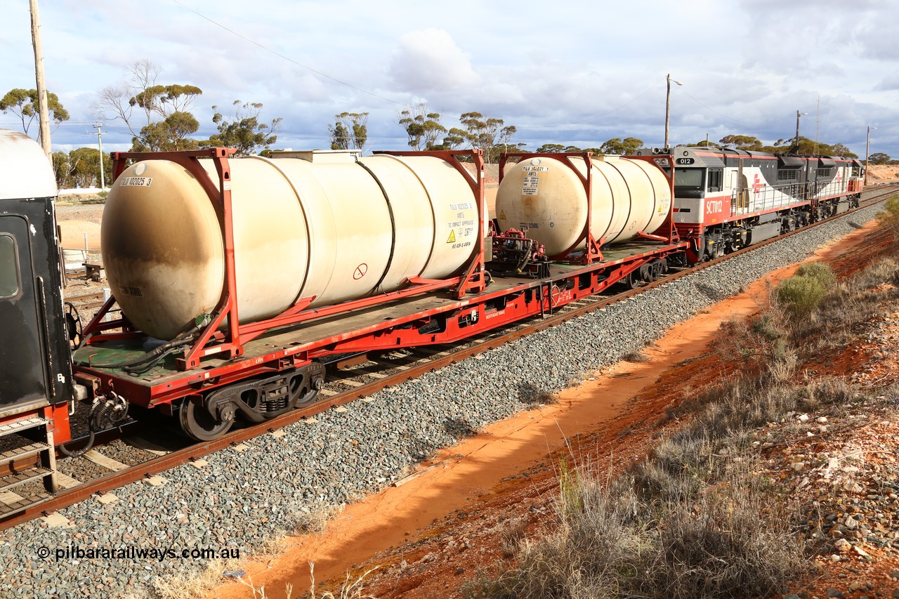 160526 5291
West Kalgoorlie, SCT train 3MP9 operating from Melbourne to Perth, SCT inline refuelling waggon PQFY type PQFY 4341 originally built by Perry Engineering SA in 1977 for Commonwealth Railways as an RMX type container waggon, with SCT - Logicoil AMT5 type tank-tainers TILU 102025 and TILU 102021.
Keywords: PQFY-type;PQFY4341;Perry-Engineering-SA;RMX-type;