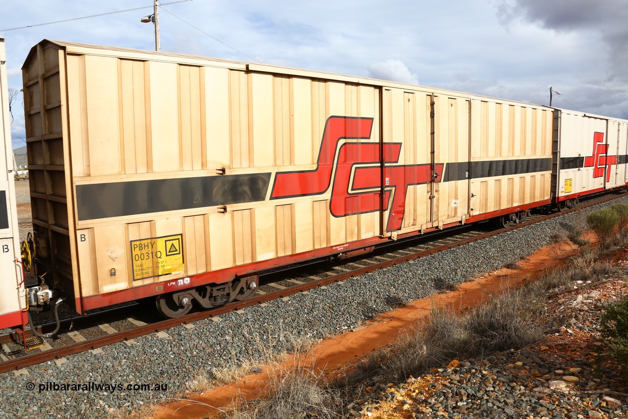 160526 5295
West Kalgoorlie, SCT train 3MP9 operating from Melbourne to Perth, PBHY type covered van PBHY 0031 Greater Freighter, one of thirty five units built by Gemco WA in 2005 without the Greater Freighter signage.
Keywords: PBHY-type;PBHY0031;Gemco-WA;