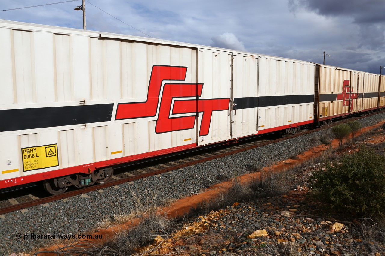 160526 5299
West Kalgoorlie, SCT train 3MP9 operating from Melbourne to Perth, PBHY type covered van PBHY 0068 Greater Freighter, built by CSR Meishan Rolling Stock Co China in 2014 without the Greater Freighter signage.
Keywords: PBHY-type;PBHY0068;CSR-Meishan-China;