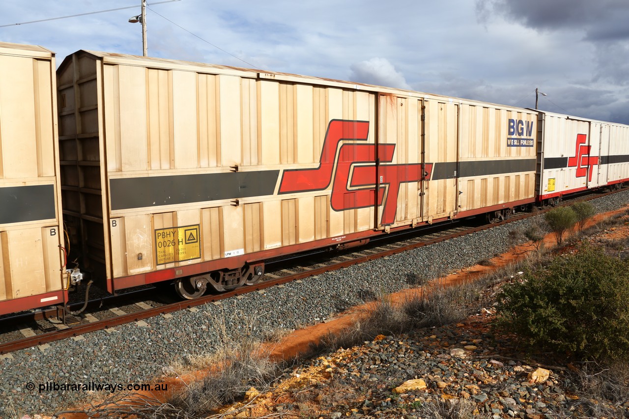 160526 5301
West Kalgoorlie, SCT train 3MP9 operating from Melbourne to Perth, PBHY type covered van PBHY 0026 Greater Freighter, one of thirty five units built by Gemco WA in 2005 without the Greater Freighter signage but with Big W We Sell For Less logo.
Keywords: PBHY-type;PBHY0026;Gemco-WA;