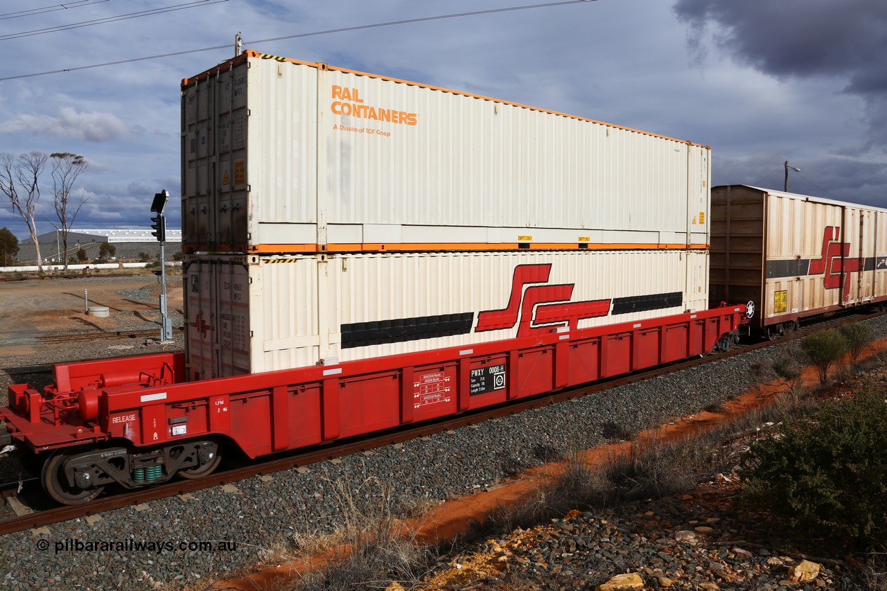 160526 5305
West Kalgoorlie, SCT train 3MP9 operating from Melbourne to Perth, PWXY type PWXY 0008 one of twelve well waggons built by CSR Meishan Rolling Stock Co of China for SCT in 2008, loaded with two 48' MFG1 type containers, SCT unit SCTDS 4862 and Rail Containers SCFU 412590.
Keywords: PWXY-type;PWXY0008;CSR-Meishan-China;