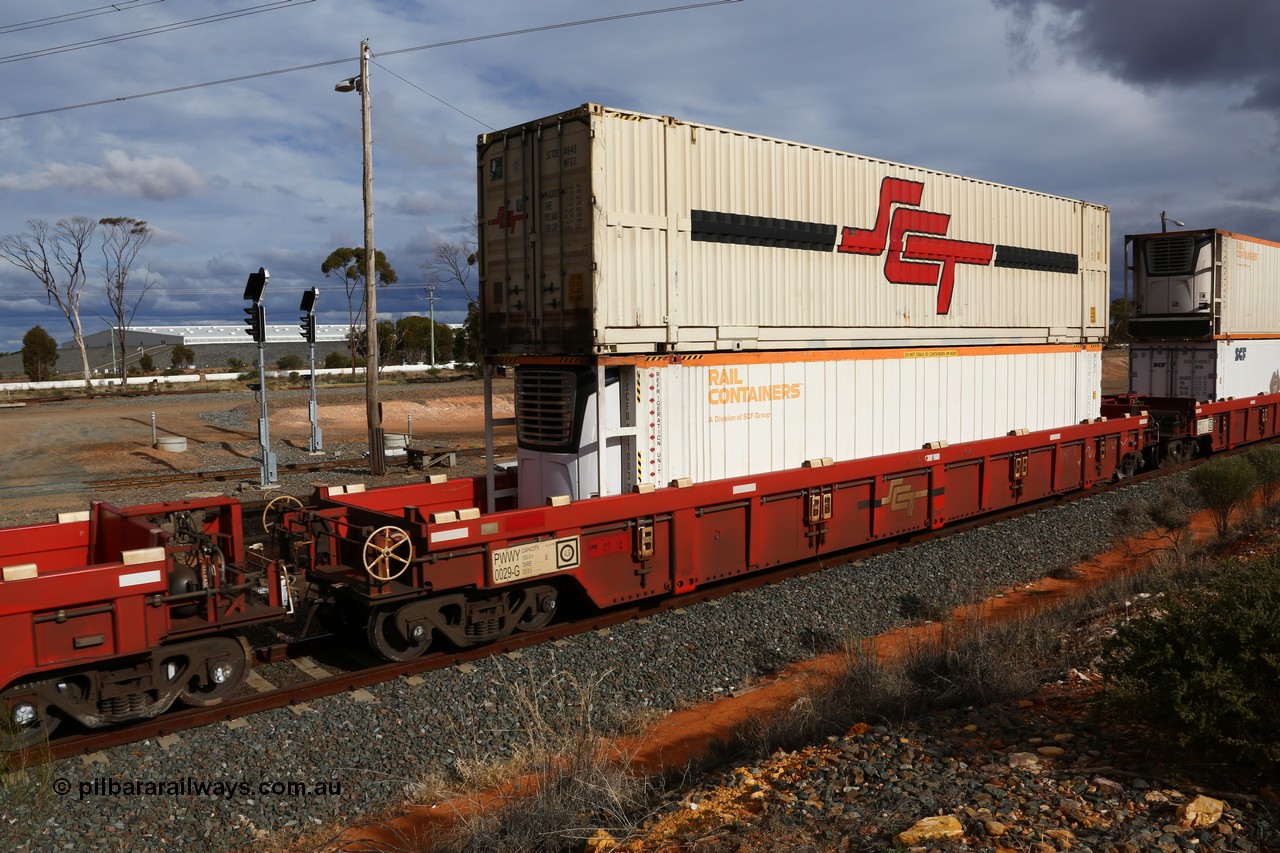160526 5307
West Kalgoorlie, SCT train 3MP9 operating from Melbourne to Perth, PWWY type PWWY 0029 one of forty well waggons built by Bradken NSW for SCT, loaded with a 48' reefer MFR3 type Rail Containers SCFU 811003 and a 48' MFG1 type SCT container SCTDS 4840.
Keywords: PWWY-type;PWWY0029;Bradken-NSW;