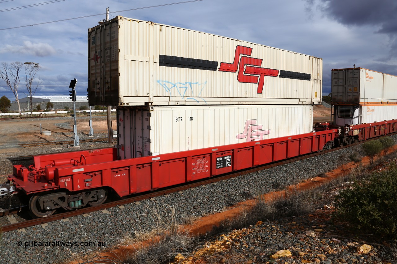 160526 5309
West Kalgoorlie, SCT train 3MP9 operating from Melbourne to Perth, PWXY type PWXY 0001, type leader of twelve well waggons built by CSR Meishan Rolling Stock Co of China for SCT in 2008, loaded with a 40' SCT reefer SCTR 118 and a 48' MFG1 type container SCT unit SCTDS 4815.
Keywords: PWXY-type;PWXY0001;CSR-Meishan-China;