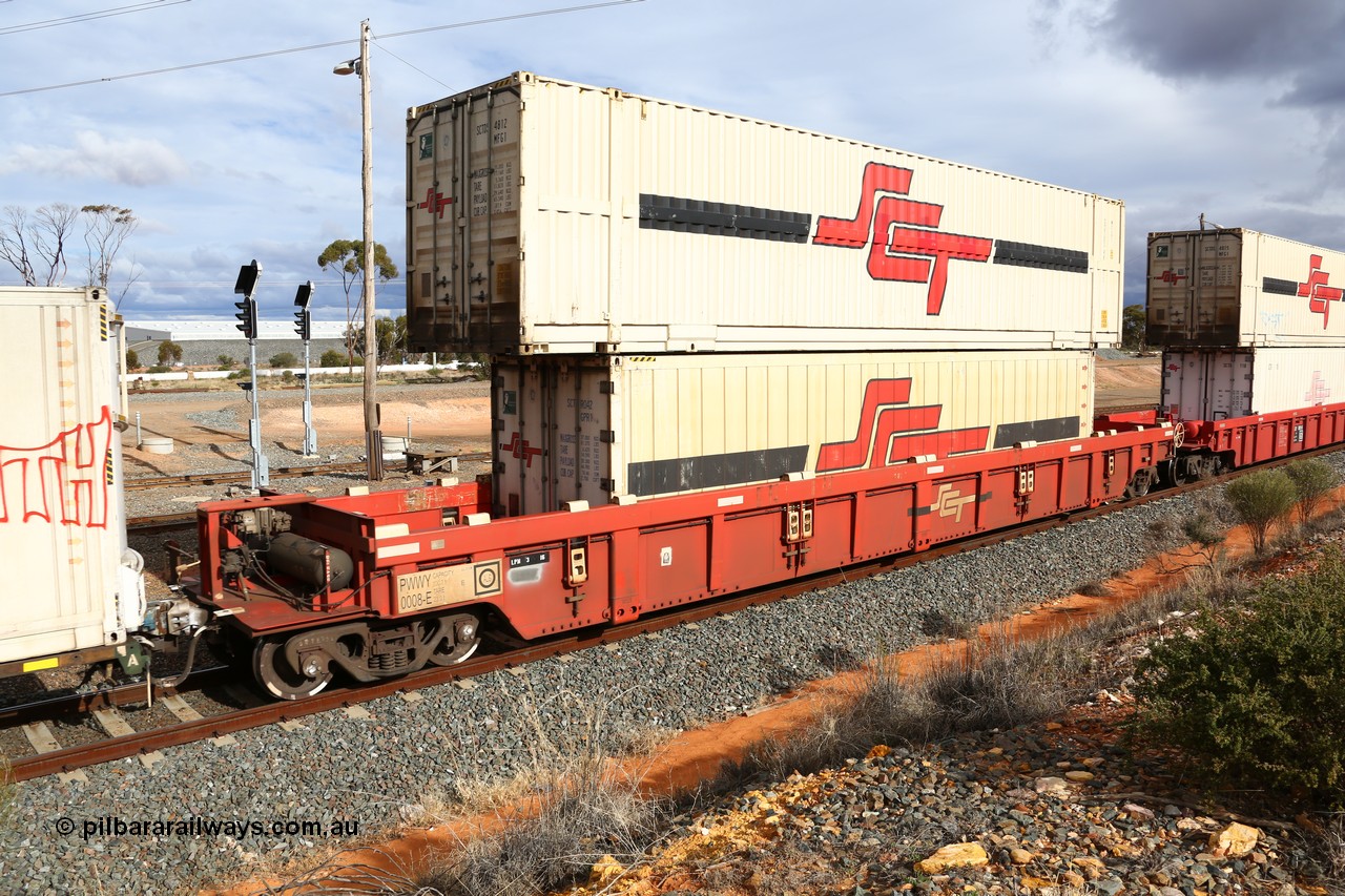 160526 5310
West Kalgoorlie, SCT train 3MP9 operating from Melbourne to Perth, PWWY type PWWY 0008 one of forty well waggons built by Bradken NSW for SCT, loaded with a 40' GPR1 type SCT reefer SCTR 042 and a 48' MFG1 type container SCT unit SCTDS 4812.
Keywords: PWWY-type;PWWY0008;Bradken-NSW;