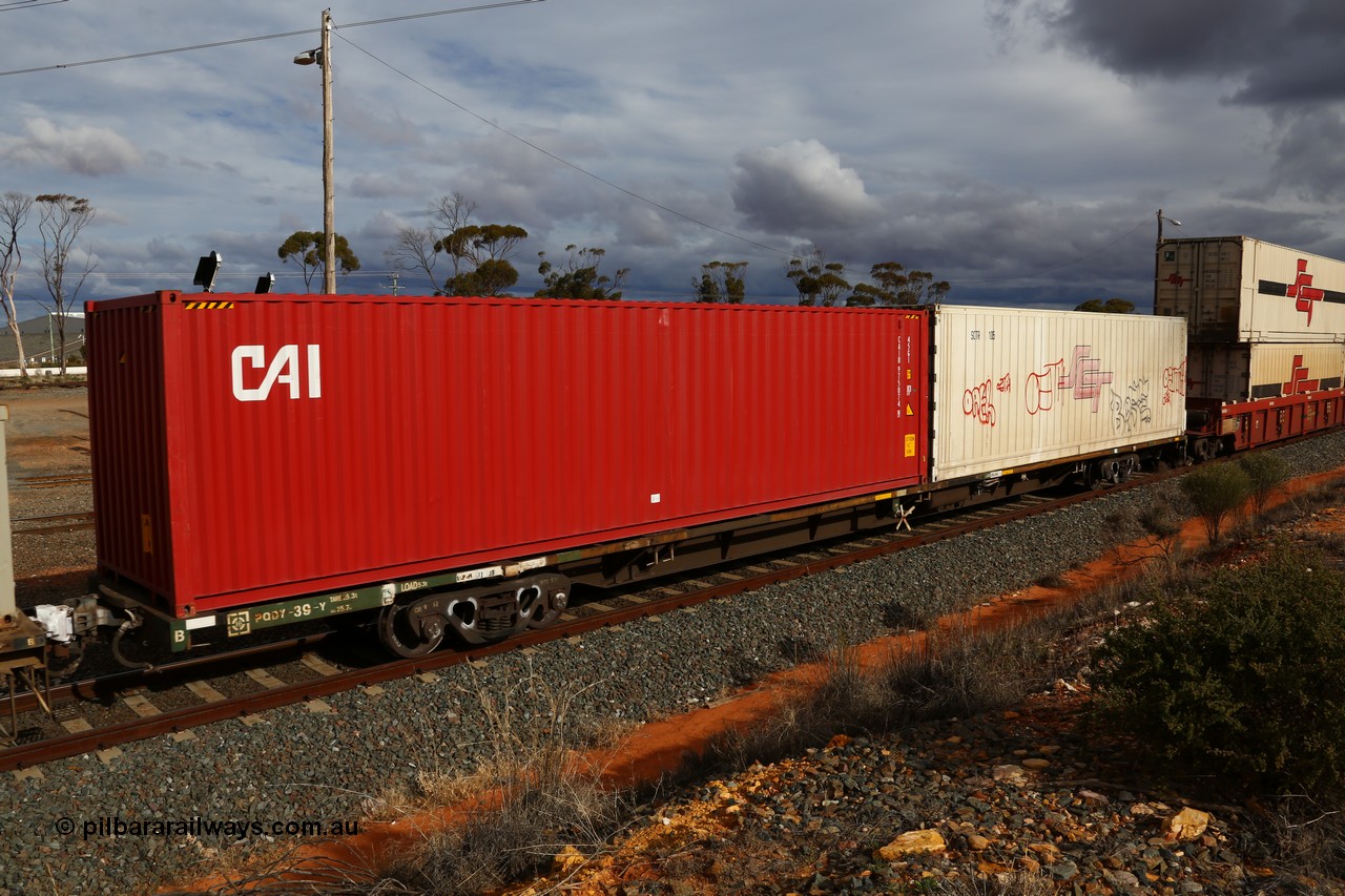 160526 5311
West Kalgoorlie, SCT train 3MP9 operating from Melbourne to Perth, originally built by V/Line's Bendigo Workshops in 1984 as one of fifty VQDW type 'Jumbo' Container Flat waggons built, PQDY 39 still in Freight Australia green livery loaded with a 40' 45G1 type CAI container CAIU 975074 and an SCT 40' reefer SCTR 105.
Keywords: PQDY-type;PQDY54;Victorian-Railways-Bendigo-WS;VQDW-type;