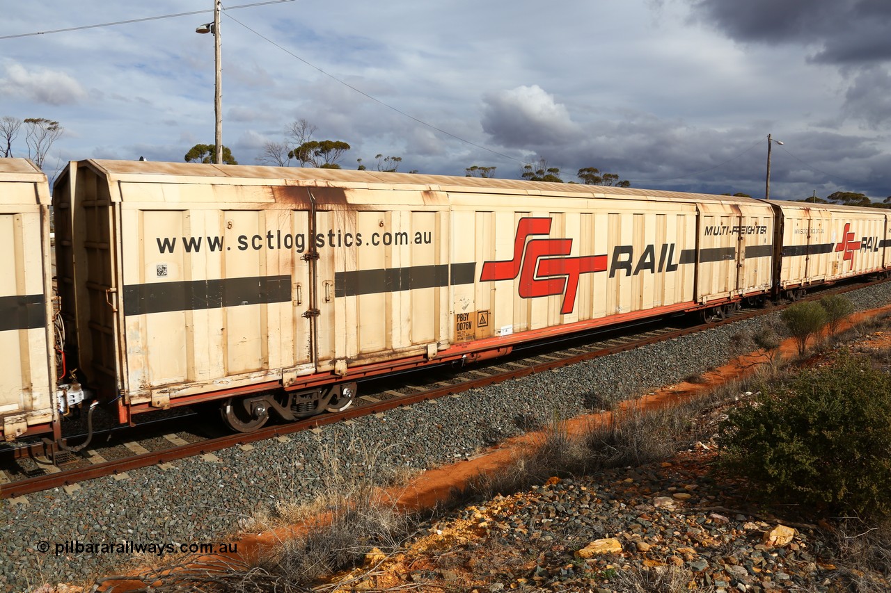 160526 5315
West Kalgoorlie, SCT train 3MP9 operating from Melbourne to Perth, PBGY type covered van PBGY 0076 Multi-Freighter, one of eighty two waggons built by Queensland Rail Redbank Workshops in 2005.
Keywords: PBGY-type;PBGY0076;Qld-Rail-Redbank-WS;