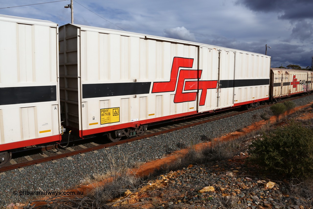 160526 5318
West Kalgoorlie, SCT train 3MP9 operating from Melbourne to Perth, PBHY type covered van PBHY 0076 Greater Freighter, built by CSR Meishan Rolling Stock Co China in 2014 without the Greater Freighter signage.
Keywords: PBHY-type;PBHY0076;CSR-Meishan-China;