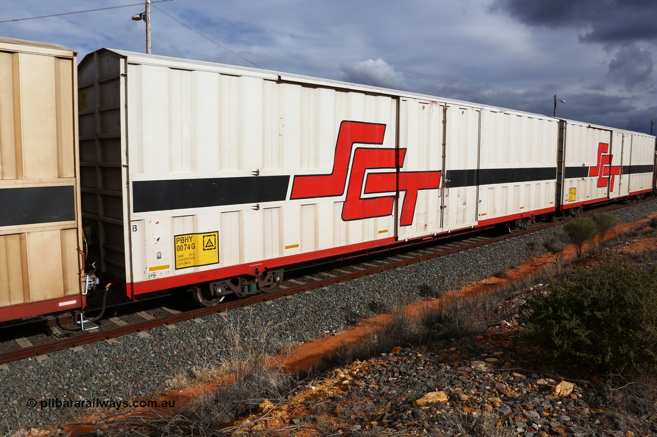 160526 5319
West Kalgoorlie, SCT train 3MP9 operating from Melbourne to Perth, PBHY type covered van PBHY 0074 Greater Freighter, built by CSR Meishan Rolling Stock Co China in 2014 without the Greater Freighter signage.
Keywords: PBHY-type;PBHY0074;CSR-Meishan-China;