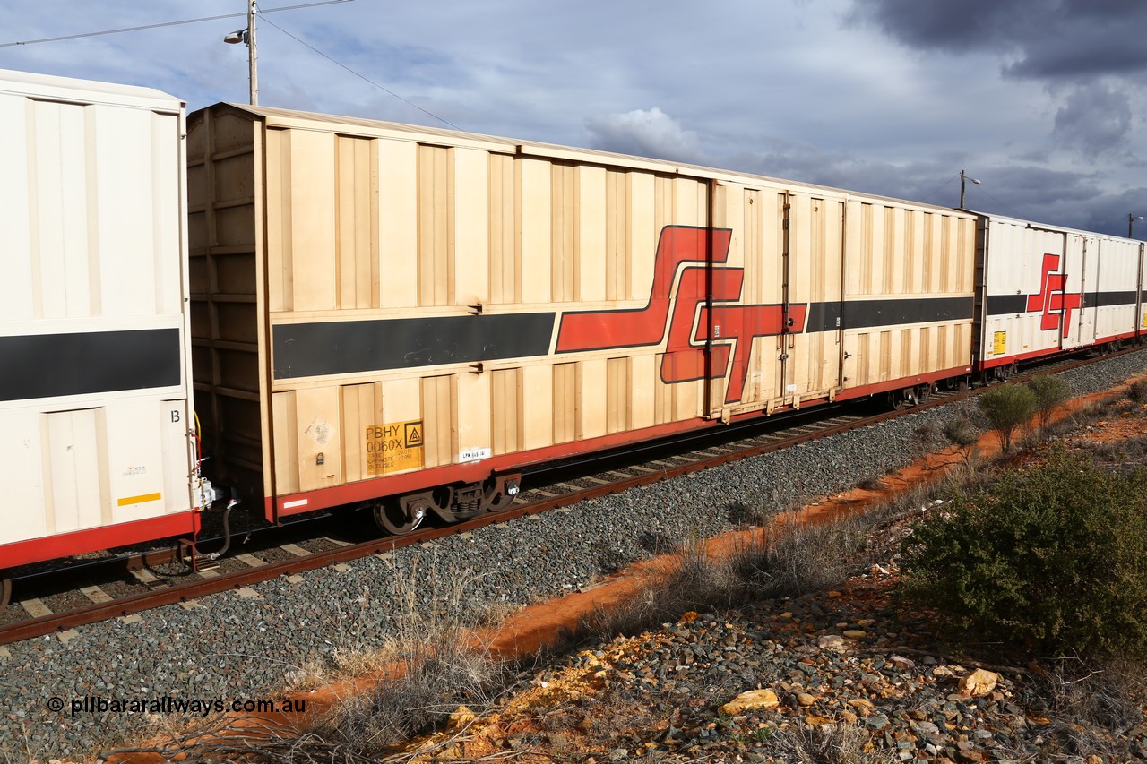 160526 5320
West Kalgoorlie, SCT train 3MP9 operating from Melbourne to Perth, PBHY type covered van PBHY 0060 Greater Freighter, one of a second batch of thirty units built by Gemco WA without the Greater Freighter signage.
Keywords: PBHY-type;PBHY0060;Gemco-WA;