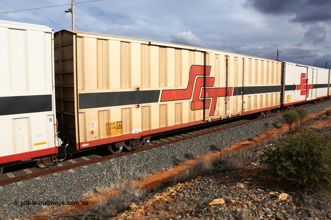 160526 5320
West Kalgoorlie, SCT train 3MP9 operating from Melbourne to Perth, PBHY type covered van PBHY 0060 Greater Freighter, one of a second batch of thirty units built by Gemco WA without the Greater Freighter signage.
Keywords: PBHY-type;PBHY0060;Gemco-WA;