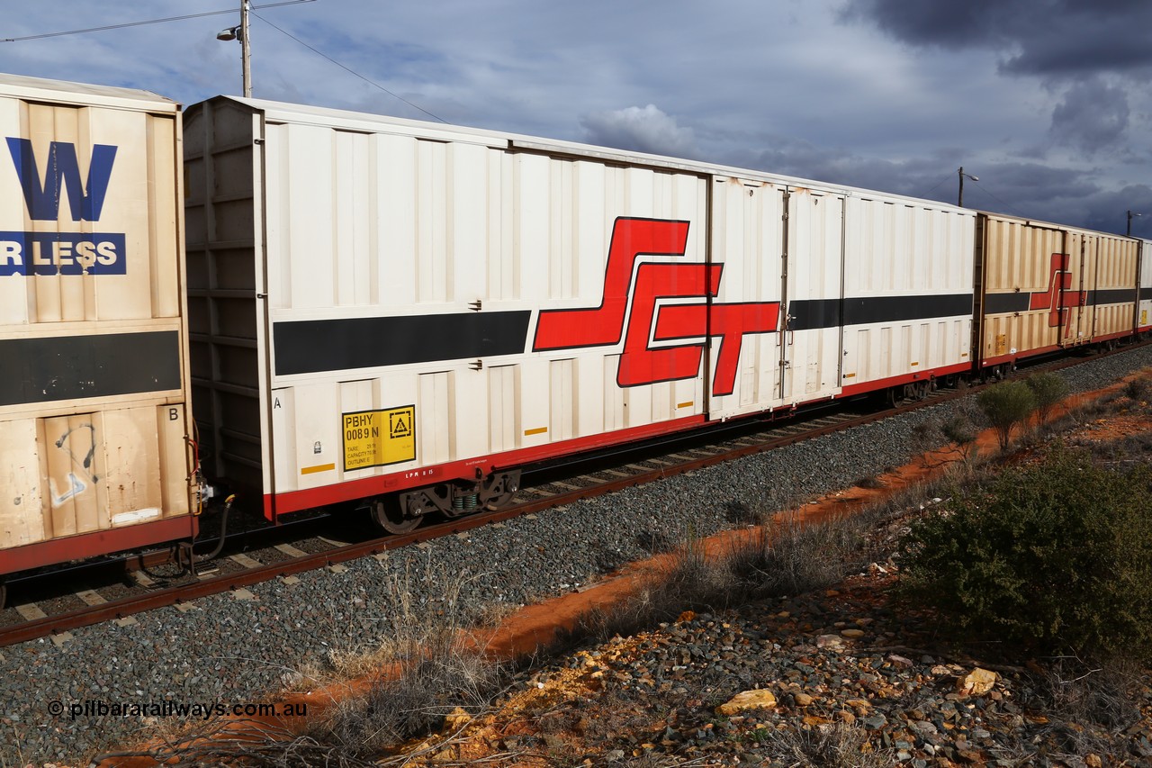 160526 5321
West Kalgoorlie, SCT train 3MP9 operating from Melbourne to Perth, PBHY type covered van PBHY 0089 Greater Freighter, built by CSR Meishan Rolling Stock Co China in 2014 without the Greater Freighter signage.
Keywords: PBHY-type;PBHY0089;CSR-Meishan-China;