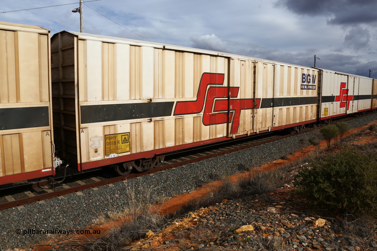 160526 5322
West Kalgoorlie, SCT train 3MP9 operating from Melbourne to Perth, PBHY type covered van PBHY 0018 Greater Freighter, one of thirty five units built by Gemco WA in 2005 without the Greater Freighter signage but with Big W We Sell For Less logo.
Keywords: PBHY-type;PBHY0018;Gemco-WA;