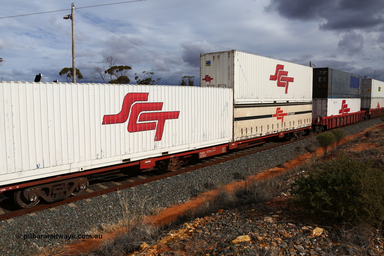 160526 5328
West Kalgoorlie, SCT train 3MP9 operating from Melbourne to Perth, Gemco WA built forty of these PQIY type 80' container flat waggons in 2009, PQIY 0036 loaded with two SCT 40' boxes SCT 40213 and SCT 40214 on top of a 40' half height curtainsider SCT 1035.
Keywords: PQIY-type;PQIY0036;Gemco-WA;