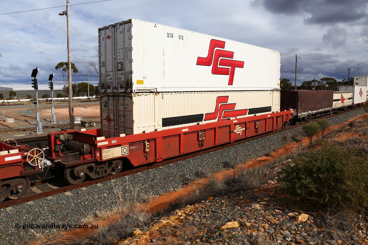 160526 5330
West Kalgoorlie, SCT train 3MP9 operating from Melbourne to Perth, PWWY type PWWY 0023 one of forty well waggons built by Bradken NSW for SCT, loaded with a 48' MFG1 type container SCT unit SCTDS 4806 and a 48' SCT reefer SCTR 313.
Keywords: PWWY-type;PWWY0023;Bradken-NSW;