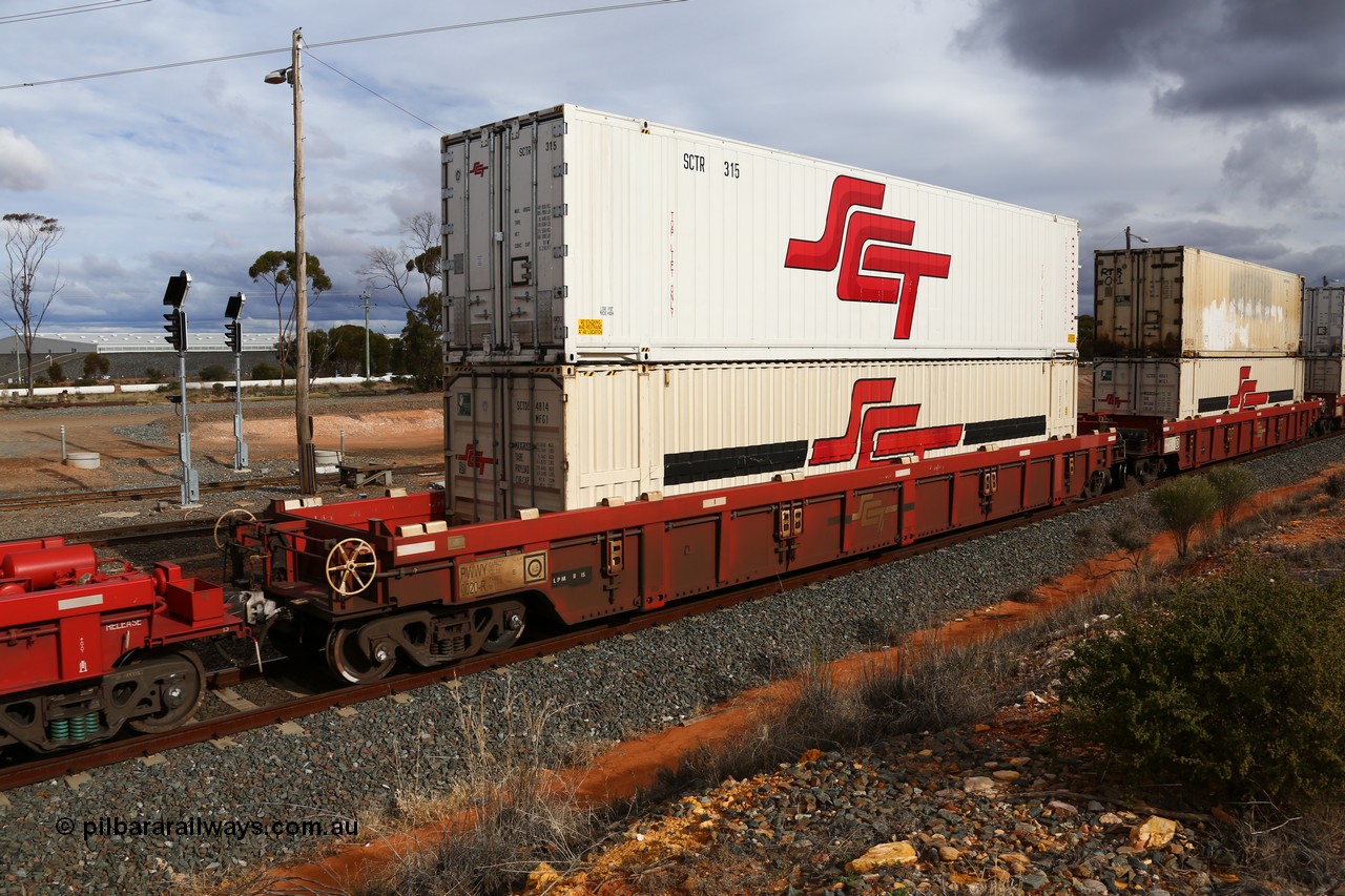 160526 5332
West Kalgoorlie, SCT train 3MP9 operating from Melbourne to Perth, PWWY type PWWY 0020 one of forty well waggons built by Bradken NSW for SCT, loaded with a 48' MFG1 type container SCT unit SCTDS 4814 and a 48' SCT reefer SCTR 315.
Keywords: PWWY-type;PWWY0020;Bradken-NSW;