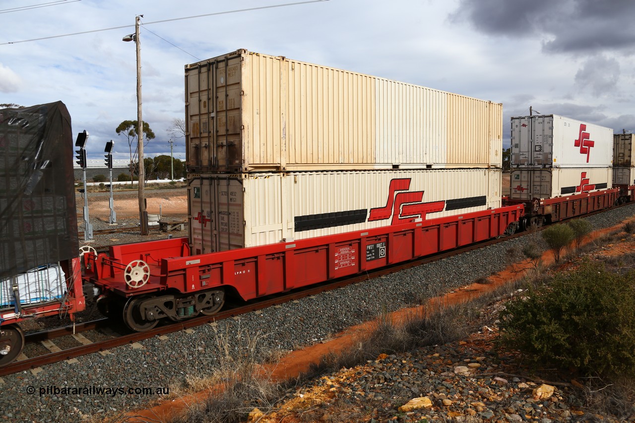 160526 5333
West Kalgoorlie, SCT train 3MP9 operating from Melbourne to Perth, PWXY type PWXY 0007 one of twelve well waggons built by CSR Meishan Rolling Stock Co of China for SCT in 2008, loaded with a 48' MFG1 type container SCT unit SCTDS 4832 and a 48' MEG1 type SCF unit SCFU 480483.
Keywords: PWXY-type;PWXY0007;CSR-Meishan-China;