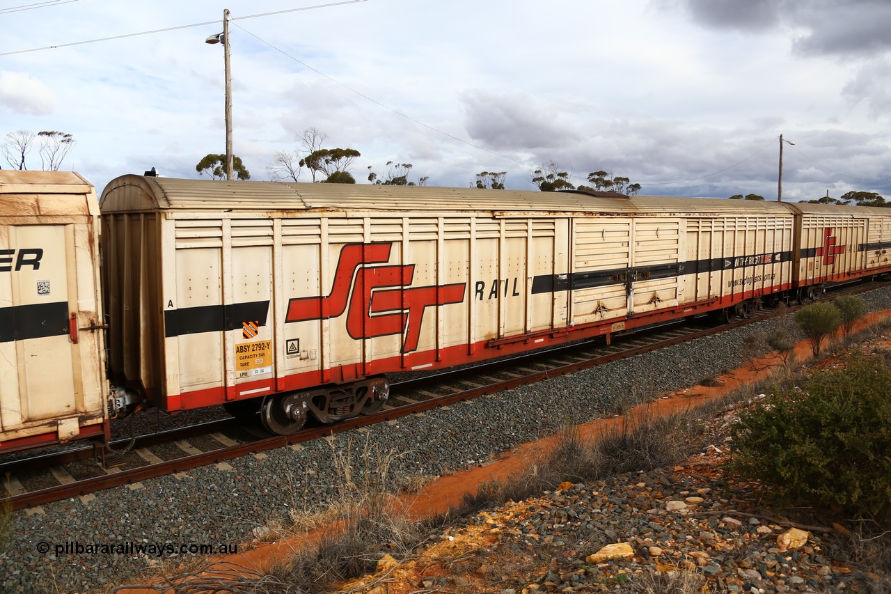 160526 5340
West Kalgoorlie, SCT train 3MP9 operating from Melbourne to Perth, ABSY type ABSY 2792 covered van, originally built by Carmor Engineering SA in 1976 as a VFX type covered van for Commonwealth Railways, recoded to ABFX and converted from ABFY by Gemco WA in 2004/05 to ABSY.
Keywords: ABSY-type;ABSY2792;Carmor-Engineering-SA;VFX-type;ABFX-type;RBFX-type;ABFY-type;