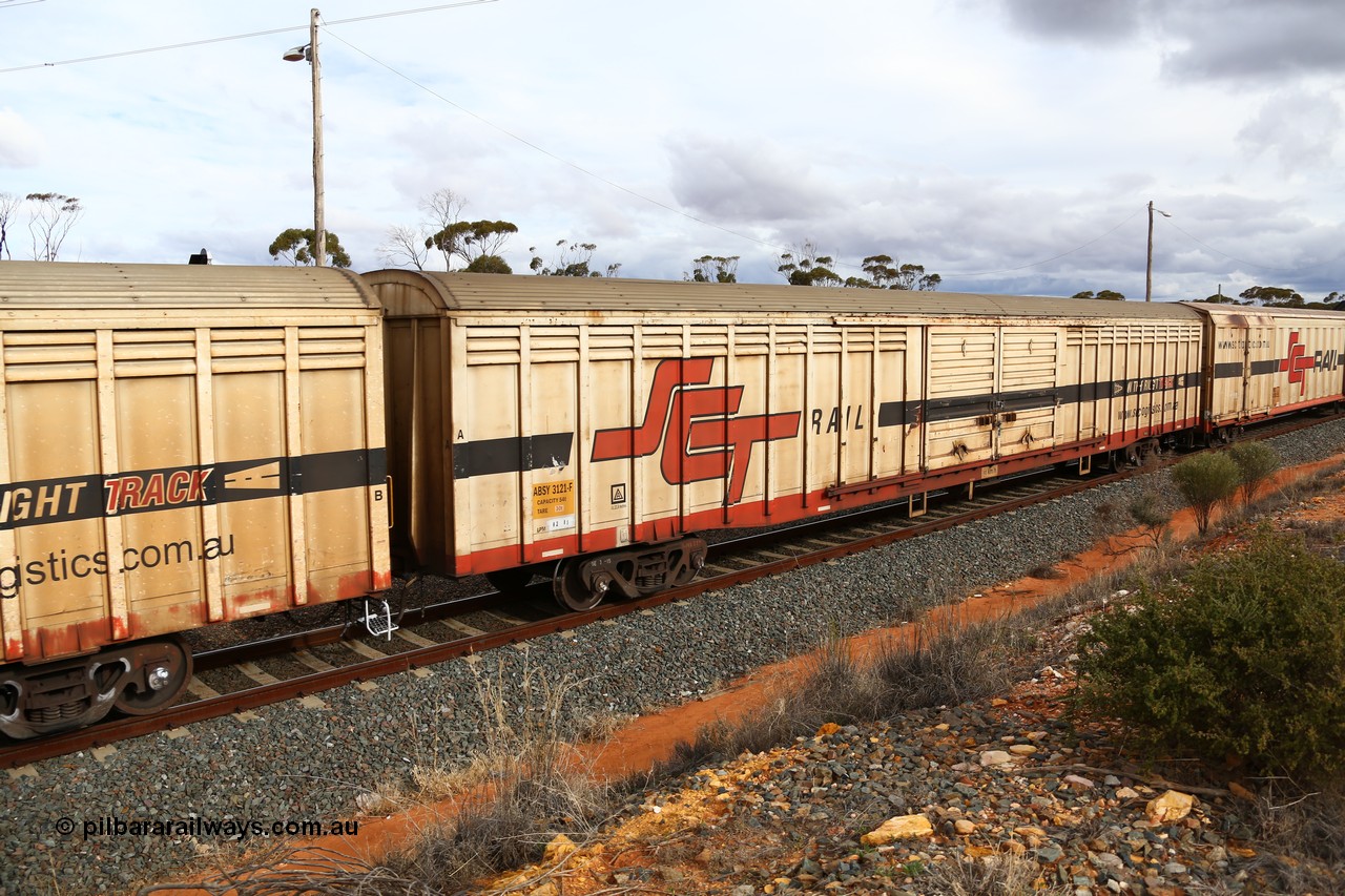160526 5344
West Kalgoorlie, SCT train 3MP9 operating from Melbourne to Perth, ABSY type ABSY 3121 covered van, originally built by Comeng WA in 1977 for Commonwealth Railways as VFX type, recoded to ABFX and RBFX to SCT as ABFY before conversion by Gemco WA to ABSY in 2004/05.
Keywords: ABSY-type;ABSY3121;Comeng-WA;VFX-type;ABFX-type;