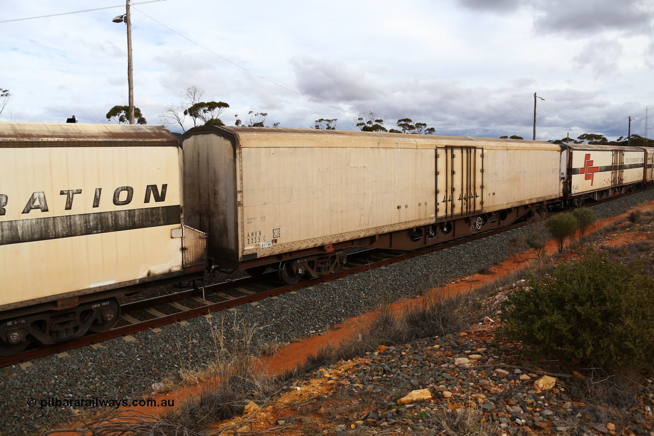 160526 5355
West Kalgoorlie, SCT train 3MP9 operating from Melbourne to Perth, with no lettering visible of this side, ARFY type ARFY 2233 refrigerated van with a Ballarat built Maxi-CUBE fibreglass body that has been fitted to a Comeng Victoria 1971 built RO type flat waggon that was in service with Commonwealth Railways and recoded though ROX - AQOX - AQOY - RQOY codes before conversion.
Keywords: ARFY-type;ARFY2233;Maxi-Cube;Comeng-Vic;RO-type;AQOX-type;