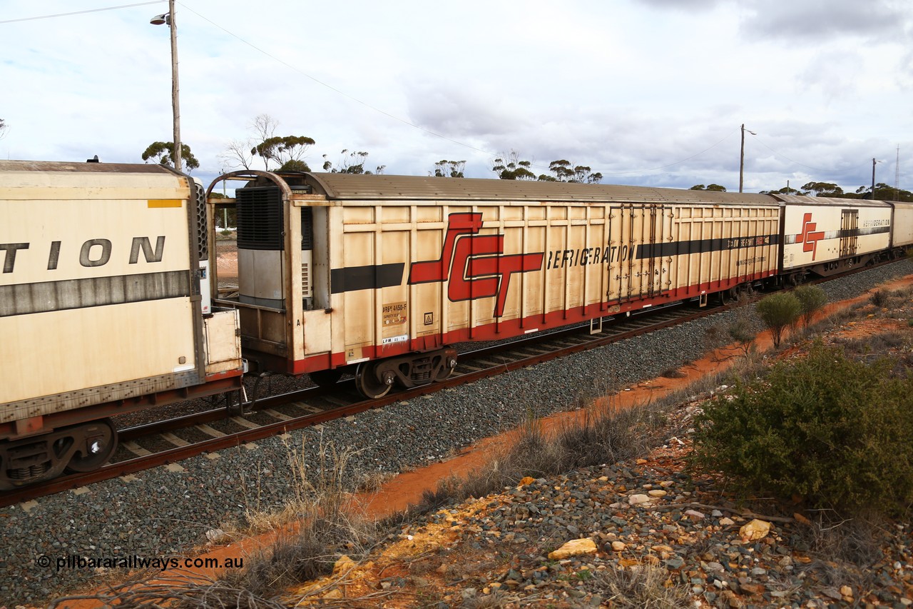 160526 5357
West Kalgoorlie, SCT train 3MP9 operating from Melbourne to Perth, ARBY type ARBY 4450 refrigerated van, originally built by Comeng WA in 1977 as a VFX type covered van for Commonwealth Railways, recoded to ABFX and converted from ABFY by Gemco WA in 2004/05 to ARBY.
Keywords: ARBY-type;ARBY4450;Comeng-WA;VFX-type;