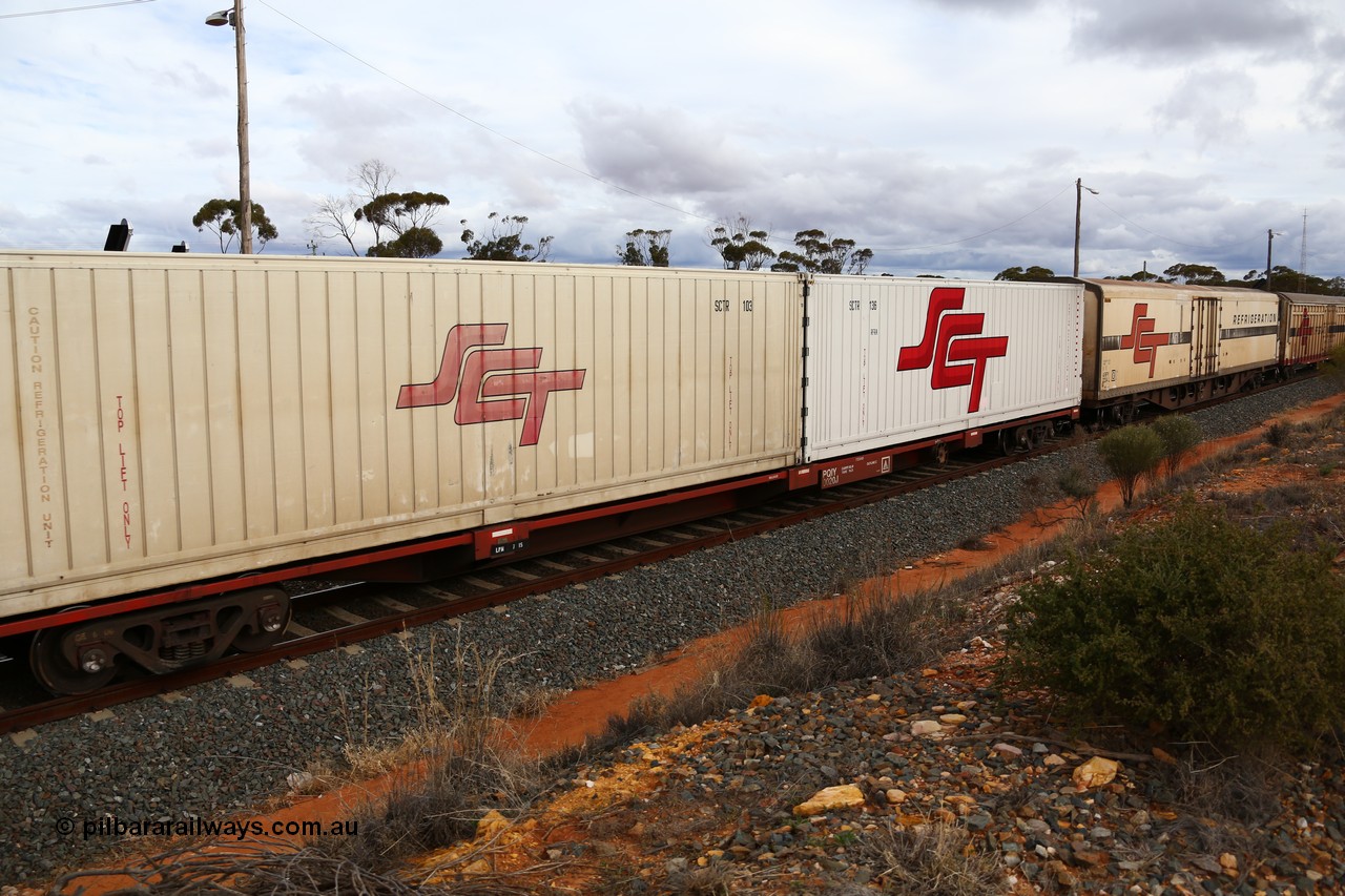 160526 5359
West Kalgoorlie, SCT train 3MP9 operating from Melbourne to Perth, Gemco WA built forty of these PQIY type 80' container flat waggons in 2009, PQIY 0020 loaded with two SCT 40' reefers SCTR 103 and RFRA type SCT 136.
Keywords: PQIY-type;PQIY0020;Gemco-WA;