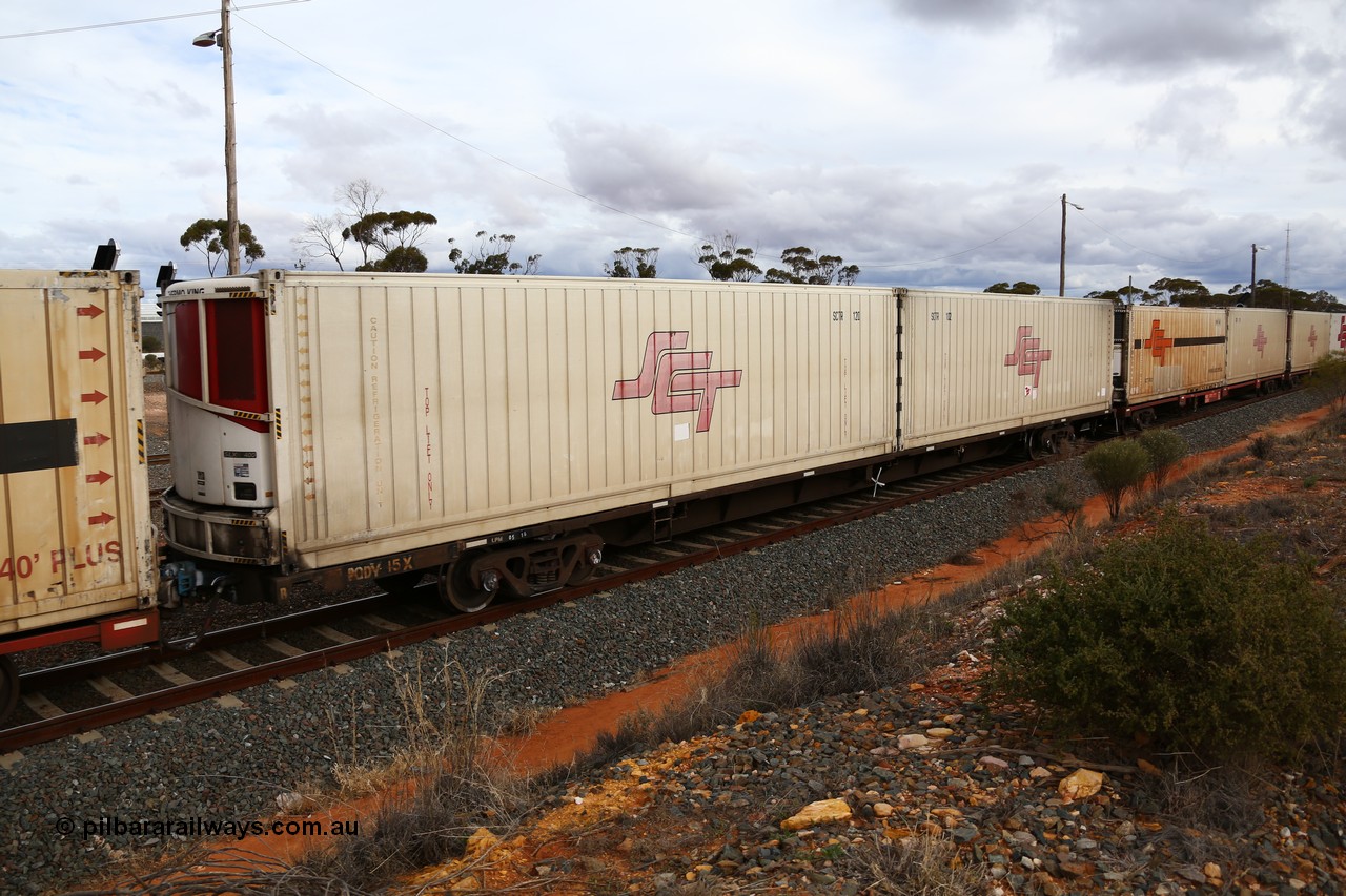 160526 5361
West Kalgoorlie, SCT train 3MP9 operating from Melbourne to Perth, originally built by Victorian Railways Newport Workshops in 1975 as one of twenty five FCF type 'Jumbo' Container Flat waggons built, PQDY 20 still in Freight Australia green livery loaded with two 40' SCT reefer units SCTR 120 and SCTR 102.
Keywords: PQDY-type;PQDY15;Victorian-Railways-Newport-WS;FCF-type;FCW-type;VQDW-type;