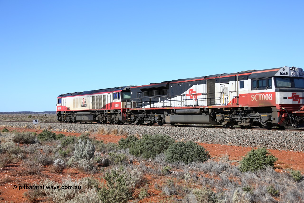 160527 5524
Blamey crossing loop at the 1692 km, SCT train 5PM9 operating from Perth to Melbourne speeds through behind EDI Downer built EMD model GT46C-ACe unit SCT 008 serial 97-1732 as second unit behind SCT CSR class locomotive CSR 010 'C Mobrici' an CSR Ziyang Locomotive Co, China SDA1 model with 71 waggons for 4117.5 tonnes and 1752.5 metres.
Keywords: SCT-class;SCT008;07-1732;EDI-Downer;EMD;GT46C-ACe;