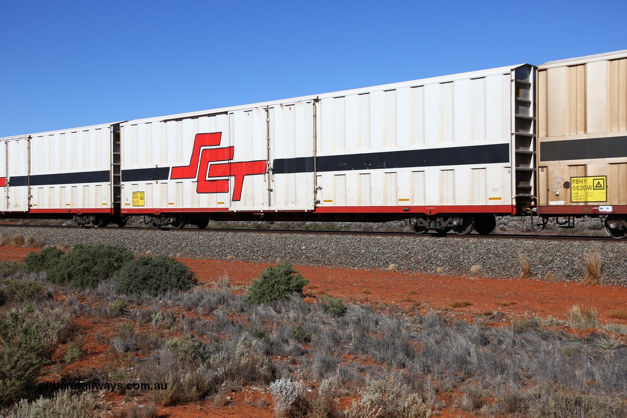 160527 5530
Blamey crossing loop at the 1692 km, SCT train 5PM9 operating from Perth to Melbourne, PBHY type covered van PBHY 0080 Greater Freighter, built by CSR Meishan Rolling Stock Co China in 2014 without the Greater Freighter signage.
Keywords: PBHY-type;PBHY0080;CSR-Meishan-China;