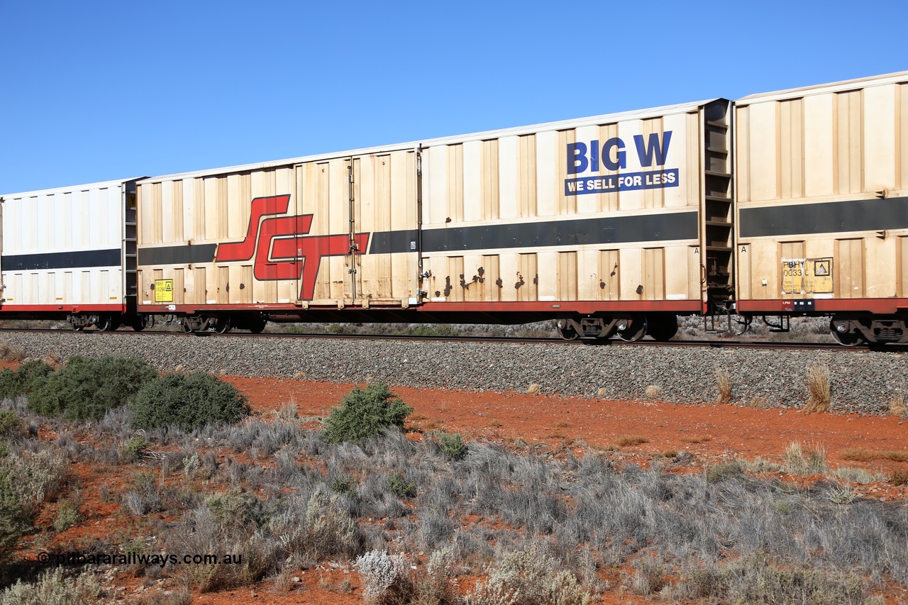 160527 5531
Blamey crossing loop at the 1692 km, SCT train 5PM9 operating from Perth to Melbourne, PBHY type covered van PBHY 0020 Greater Freighter, one of thirty five units built by Gemco WA in 2005 without the Greater Freighter signage but with Big W We Sell For Less logo.
Keywords: PBHY-type;PBHY0020;Gemco-WA;