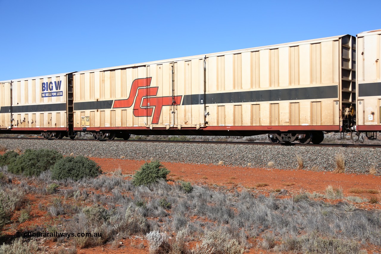 160527 5532
Blamey crossing loop at the 1692 km, SCT train 5PM9 operating from Perth to Melbourne, PBHY type covered van PBHY 0033 Greater Freighter, one of thirty five units built by Gemco WA in 2005 without the Greater Freighter signage.
Keywords: PBHY-type;PBHY0033;Gemco-WA;