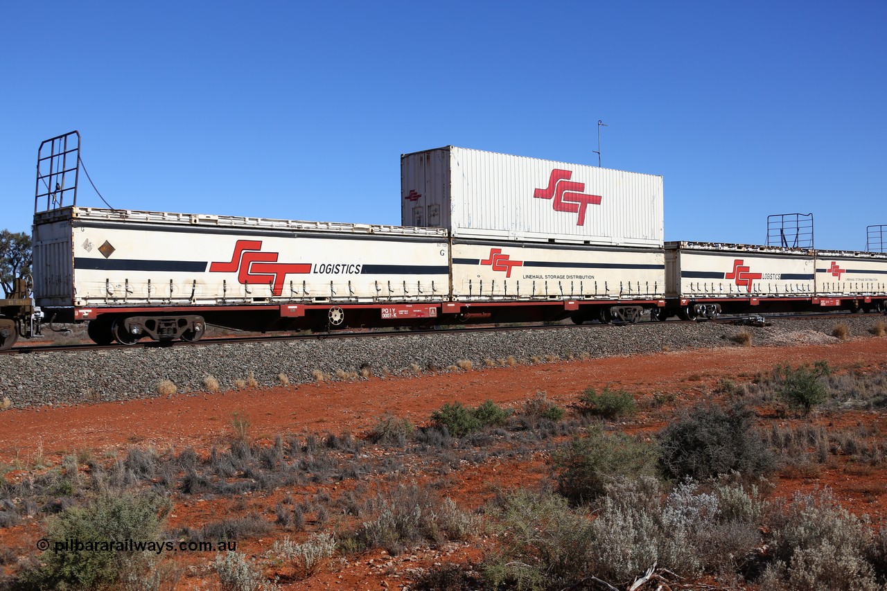 160527 5535
Blamey crossing loop at the 1692 km, SCT train 5PM9 operating from Perth to Melbourne, Gemco WA built forty of these PQIY type 80' container flat waggons in 2009, PQIY 0007 loaded with two SCT 40' half height curtainsiders SCT 1028 and SCT 1012, a former Macfield 40' flat rack SCT AT 08? and an SCT 40' container SCT 40211.
Keywords: PQIY-type;PQIY0007;Gemco-WA;