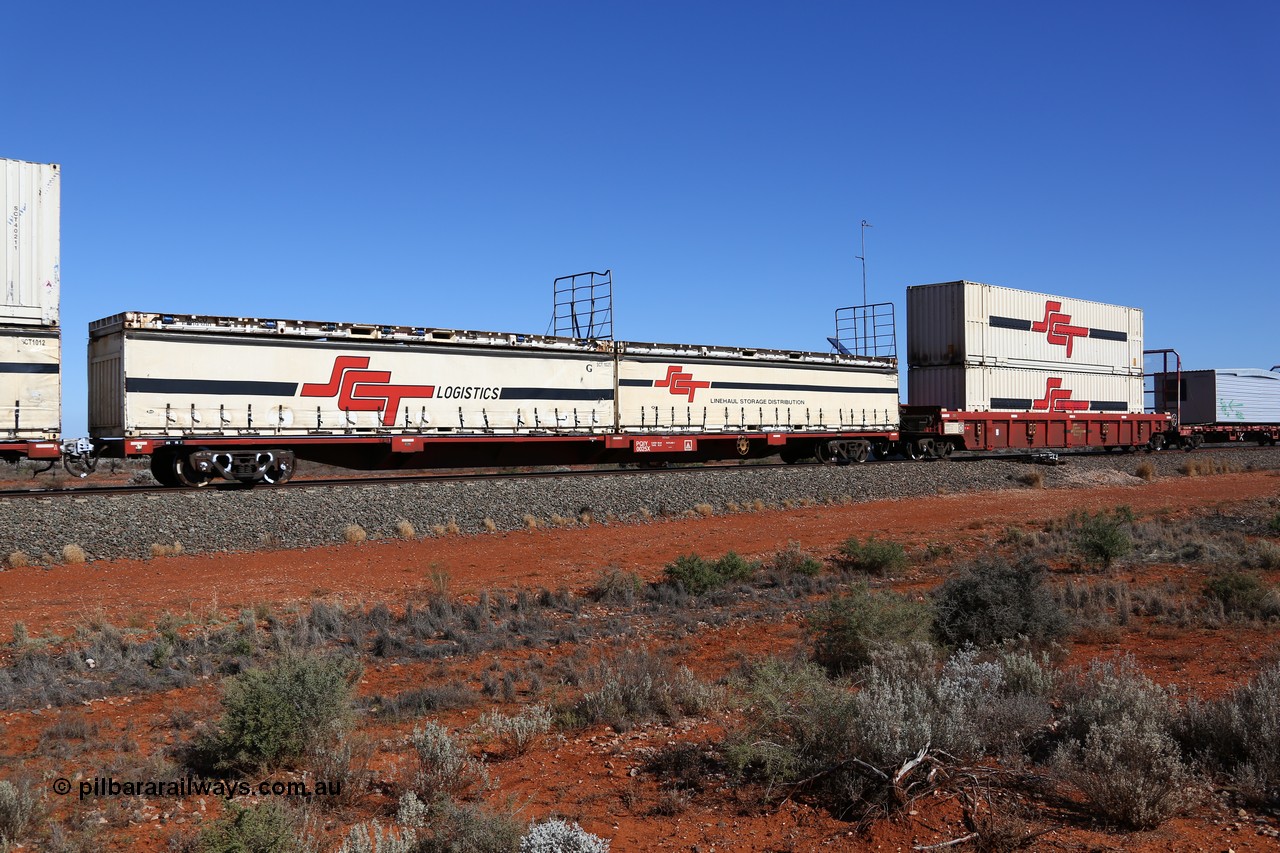 160527 5536
Blamey crossing loop at the 1692 km, SCT train 5PM9 operating from Perth to Melbourne, Gemco WA built forty of these PQIY type 80' container flat waggons in 2009, PQIY 0025 loaded with two SCT 40' half height curtainsiders SCT 1025 and SCT 1013 and two former Macfield 40' flat racks MGCU 660930 and MGCU 660###.
Keywords: PQIY-type;PQIY0025;Gemco-WA;