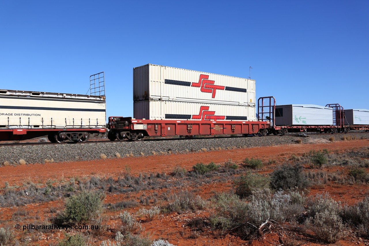 160527 5537
Blamey crossing loop at the 1692 km, SCT train 5PM9 operating from Perth to Melbourne, PWWY type PWWY 0037 one of forty well waggons built by Bradken NSW for SCT, loaded with two 48' MFG1 type SCT containers SCTDS 4838 and SCTDS 4856.
Keywords: PWWY-type;PWWY0037;Bradken-NSW;