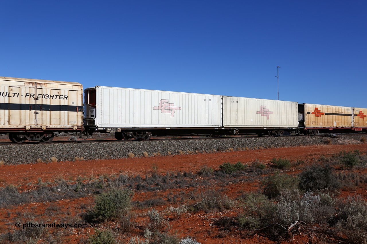 160527 5547
Blamey crossing loop at the 1692 km, SCT train 5PM9 operating from Perth to Melbourne, CQMY type 80' container flat CQMY 3016, a CFCLA lease waggon built by Bluebird Rail Operations in a group of one hundred loaded with two SCT 40' reefer units SCTR 106 and SCTR 113.
Keywords: CQMY-type;CQMY3016;Bluebird-Rail-Operations-SA;