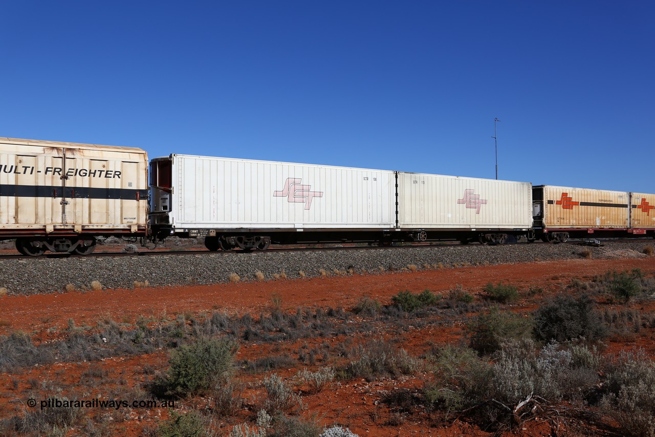 160527 5547
Blamey crossing loop at the 1692 km, SCT train 5PM9 operating from Perth to Melbourne, CQMY type 80' container flat CQMY 3016, a CFCLA lease waggon built by Bluebird Rail Operations in a group of one hundred loaded with two SCT 40' reefer units SCTR 106 and SCTR 113.
Keywords: CQMY-type;CQMY3016;Bluebird-Rail-Operations-SA;